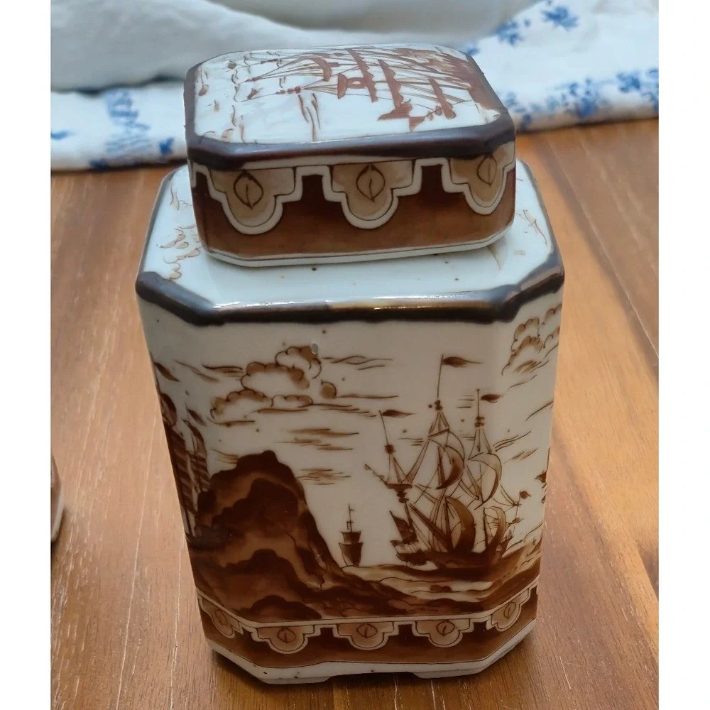 Japan Tea Set Vintage 40s 50s White Brown Nautical Ship Tea Caddies Teapot